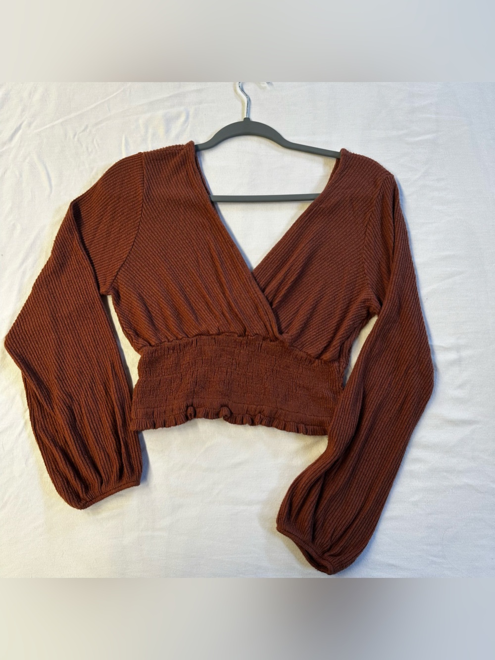 Lazy Sundays Women's Small Brown Ribbed Long Sleeve Crossover Smocked Crop Top